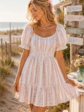 Cottagecore Floral Babydoll Mini Dress S Puff Sleeve Coquette Beach Ruffle BBQ